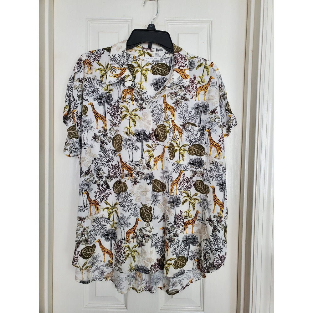 Jane + Delancey Shirt White Giraffe Safari Print Short Sleeve Button Up XL - Picture 3 of 10